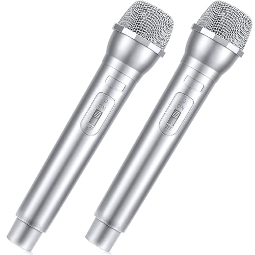 Facmogu 2PCS Fake Plastic Microphone Prop, Realistic Pretend Play Prop Microphone for Halloween, Christmas, Cosplay, Fun Stage Mic Props for Costume, Karaoke, Birthday, Music Party Favor - Silver
