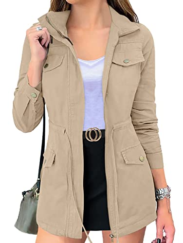 Merokeety Womens Zipper Military Cargo Jacket Casual Lightweight Safari Anorak Jackets With Pockets, Khaki, L #TOP17