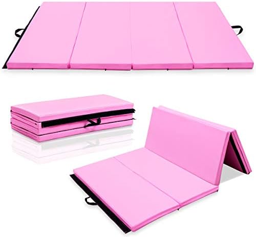 Giantex 6 ft x 4 ft Gymnastics Mat, Folding Anti-Tear Exercise Floor Mats W/Handles,Hook and Loop Fastener,Portable Folding Tumbling Mat Lightweight Gymnastics Panel Mat for Yoga, Workout (Pink)