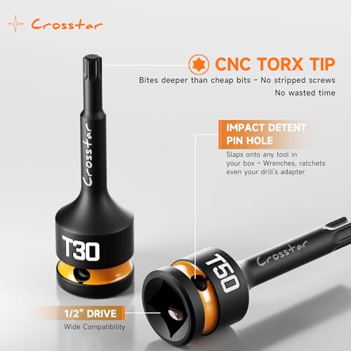 Crosstar 3pcs T70 Impact Torx Bit Socket Set, 1/2\" Drive Cr-Mo Steel, Long High Impact Star Sockets for Automotive & Heavy-Duty Use, Professional Mechanic Tools with Transparent Case