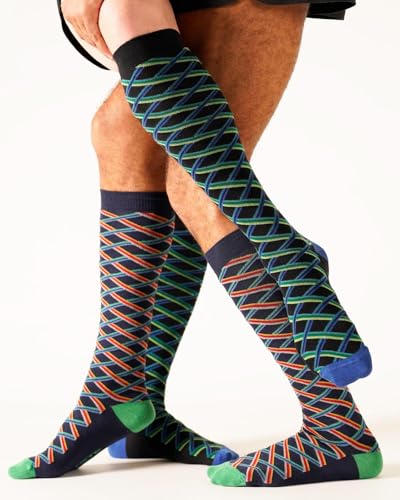 Ozone Crossed Lines Mens's Over the Calf Sock - Navy2