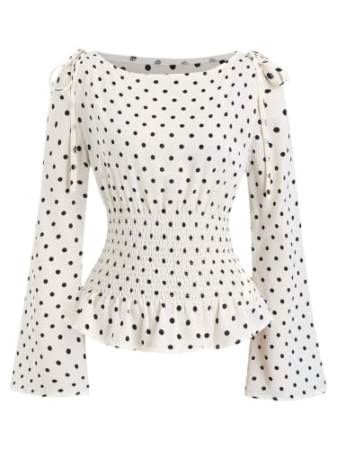 Image of GORGLITTER Women's Tie Knot Polka Dots Top Crewneck Bell Long Sleeve Blouses Smocked Ruffle Peplum Tops Dressy Office Shirts Apricot Medium