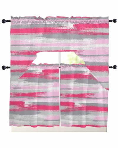 Pink Gray Stripes Swag Valance and Tier Curtains 24'' Length