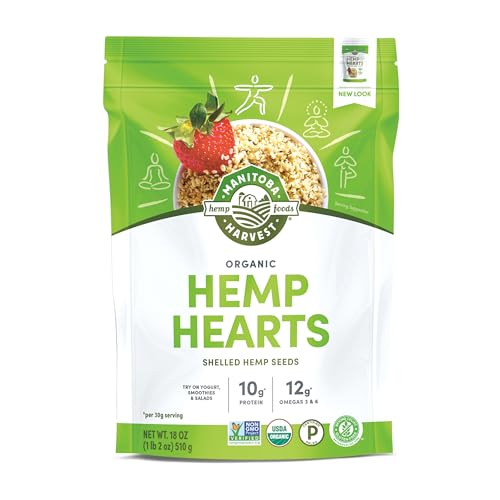 Manitoba Harvest Organic Hemp Seeds, 18oz, 10g Plant Based Protein and 12g Omega 3 & 6 per Srv, smoothies, yogurt & salad, Non-GMO, Vegan, Keto, Paleo, Gluten Free