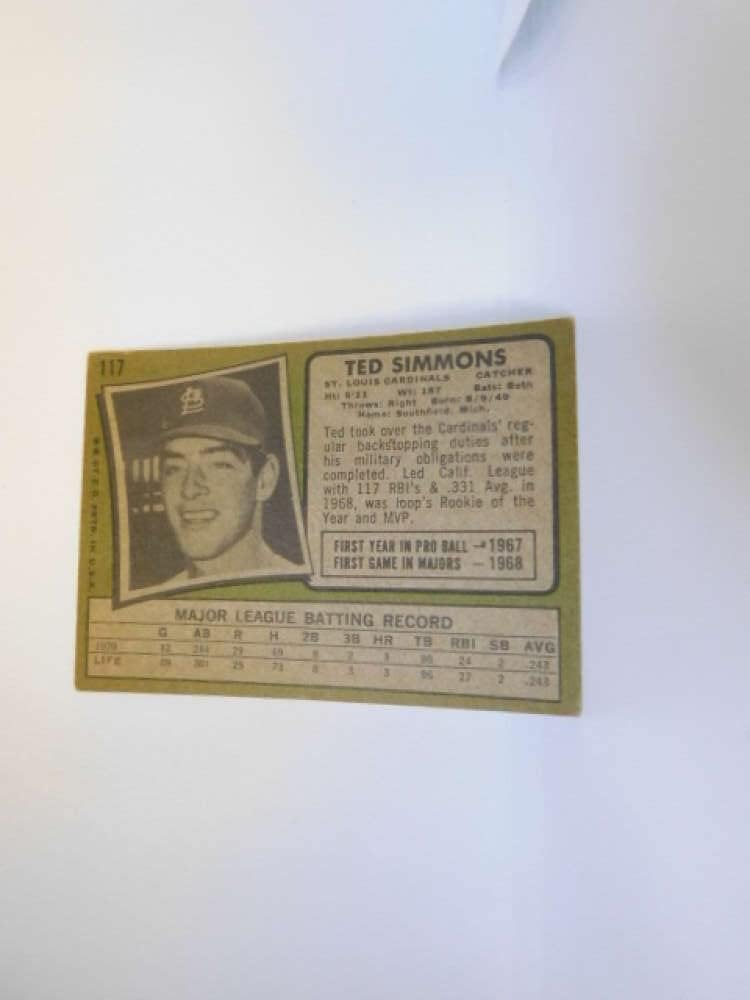 1971 Topps Baseball Series 1#117 Ted Simmons RC Rookie St. Louis Cardinals Set Break 2 (See Photos for Actual MLB Trading Card you will receive)