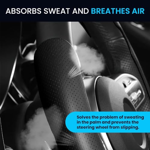 Image of KINGSWAY Premium PU Leatherette Black Steering Wheel Grip Cover Compatible with Mahindra XUV 700 (Year 2021 Onwards) - Universal Use Stylish and Non-Slip Car Interior Accessories, Set of 2 Pieces