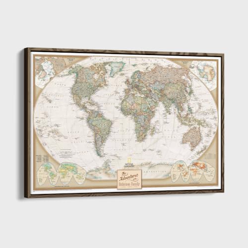 Image of Executive World Push Pin Map - National Geographic Antique Style Canvas Travel Tracker - Extra Large Framed Wall Decor - Brown Float Frame - 34 inch x 51 inch