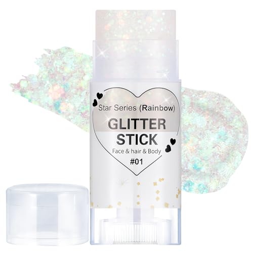 Prreal Body Glitter,Mermaid Sequins Glitter Stick Face Sparkling,Chunky Holographic Hair Glitters, Lips Nails Festival Rave Halloween Makeup, 01 Rainbow