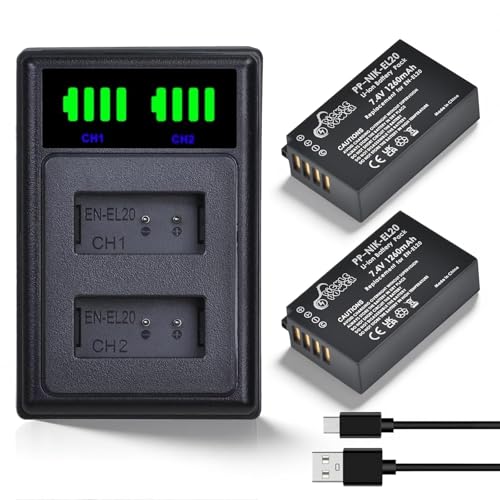 Pickle Power EN-EL20 EN-EL20a - Batería y cargador (2 unidades, 1220 mAh, para Nikon Coolpix P1100, P1000, P950, 1 AW1, 1 J1, 1 J2, 1 J3, 1 S1, 1 V3, DL24-500)