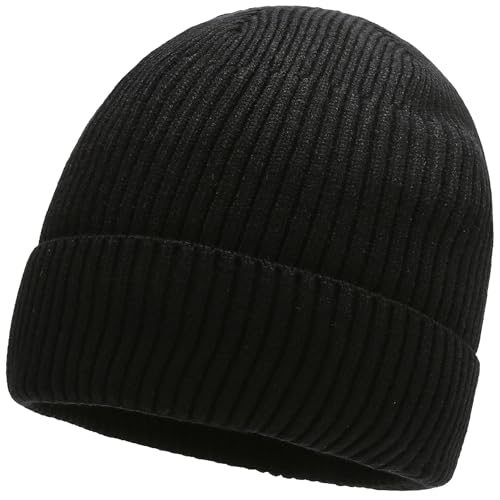 Ulknyss Beanie Hat for Winter - Soft Knit Hat with Thick Thermal Fleece Lining, Warm Knitted Beanie for Men and Women Unisex Black