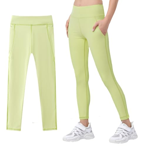 JinBei Leggings Niña Cintura Alta Fitness, Mallas Elásticos Transpirable con 2 Bolsillos, Pantalones Deportivos para Niñas Versión Larga Running Casual Monocromo Leggings para 9-10 Años, Verde