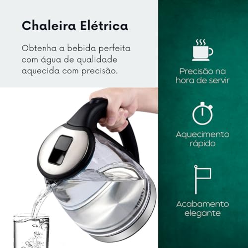 Chaleira Elétrica 1,8 Litros Jarra Ferve Rapido Prata Vidro Aço Inox Led 1500w Desligamento Automati