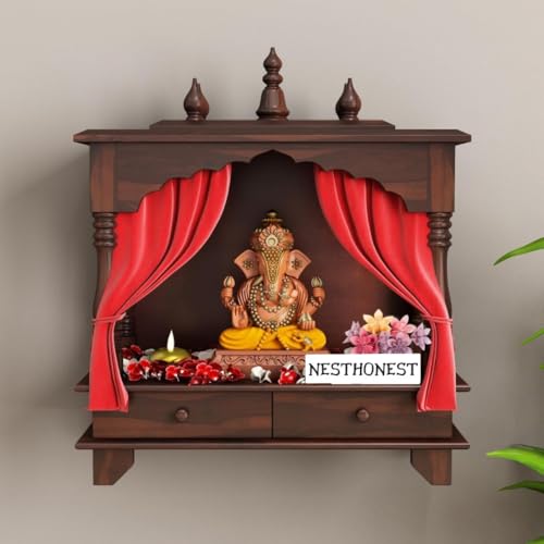 Image of Wall Mounted Solid Sheesham Wood Puja Mandir for Home Solid Wooden Temple for Puja Room with 2 Drawer Storage Pooja Ghar Wooden Furniture for Pooja Room Sheesham Wood, Walnut Finish (2 Drawers)
