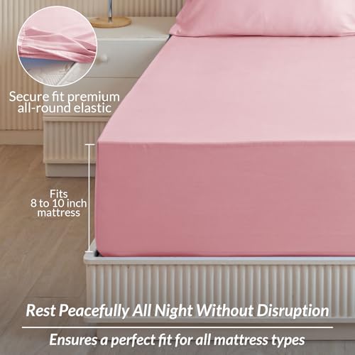 Image of HOMEMONDE Elasticated Fitted Single Size 72 x 48 Inches Bedsheet 210 Thread Count Decorative Premium Cotton Soft Fitted Bedspread - with 1 Pillow Cover, Pink | Perfect for Home Decor & Gifting