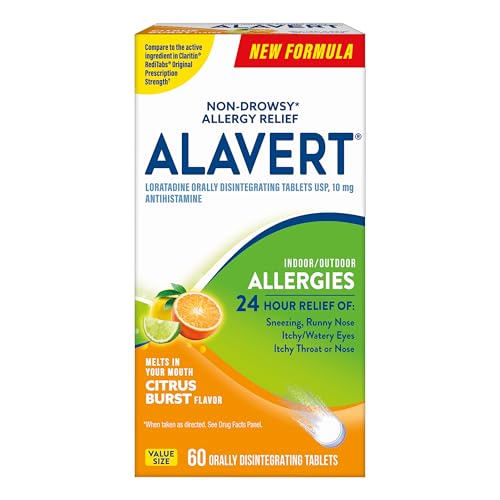 Alavert 24 Hour Allergy Relief Tablets, Non-Drowsy Antihistamine, Orally Disintegrating Allergy Tablets, Loratadine 10 mg, Citrus Burst Flavor, 60 Count