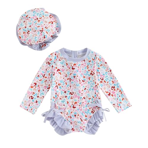 Carolilly - Traje de baño de una pieza para bebé y niña, estampado floral, con sombrero de manga larga antirrayos UV (6 meses a 3 años), Morado A., 18-24 Meses