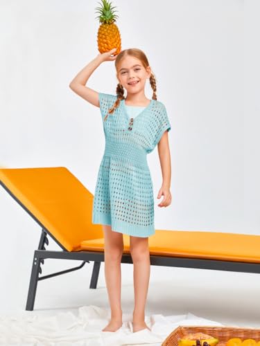 Image of Haloumoning Girls Crochet Swim Beach Cover Up Kids Fashion Button Short Sleeve Swimsuits Cover Ups 5-14 Years