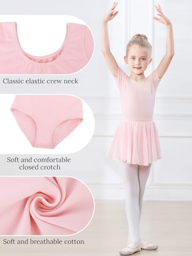 Ballettkleidung Mädchen Kurzarm Ballettkleid Baumwolle Balletttrikot Kinder Ballettanzug Ballettbody mit Chiffon Rock Tütü 3-11Jahre Rosa 130
