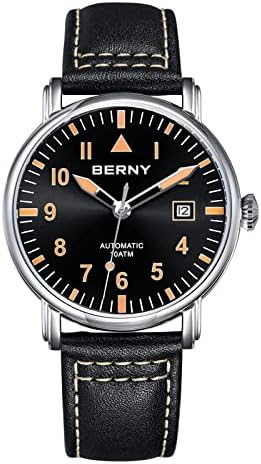 BERNY Mechanical Automatic Watch for Men Self Winding Leather Strap Classic Pilot Wristwatches Waterproof 10ATM Sapphire Glass Scratch Resistant Super Luminous