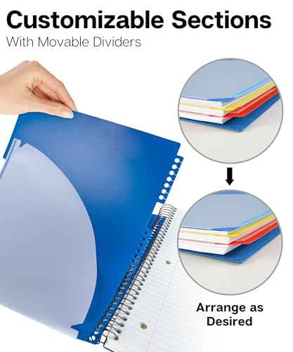 Image of Dunwell 3-Subject Spiral Notebook College Ruled 8.5x11 (Blue), 150 Sheets (300 Pages), Tabs, Colorful Movable Divider Pockets Fit 8.5 x 11 Content, Front /Back Plastic Covers, 3-Hole Perforated Pages