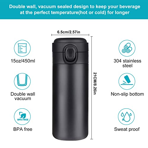 Image of YINJAM Insulated Travel Water Bottle Metal Coffee Cup Mug Stainless Steel Reusable Flask Tumbler for Men Women Gym Hiking Sports (Black, 15 Oz)
