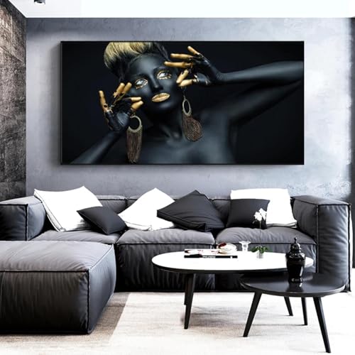 Tableau femme africaine art noir et or pour décoration murale maison