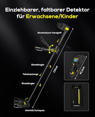 OKESAM Metalldetektor Profi für Erwachsene & Kinder – Wasserdichter Golddetektor mit LCD-Display und 10-Zoll-Spule, kabellos faltbar, mit 2000mAh Akku – Hochpräzise Metalldetektoren 3