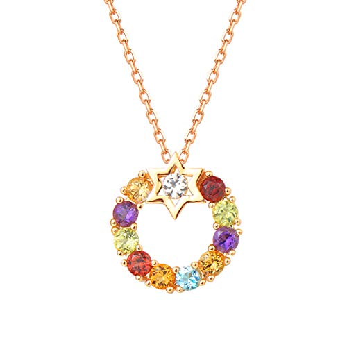 FANCIME 14k Solid Yellow Gold Sapphire/Topaz/Amethyst/Garnet/Peridot/Citrine Round Open Circle Pendant Necklace For Women Girls, 16
