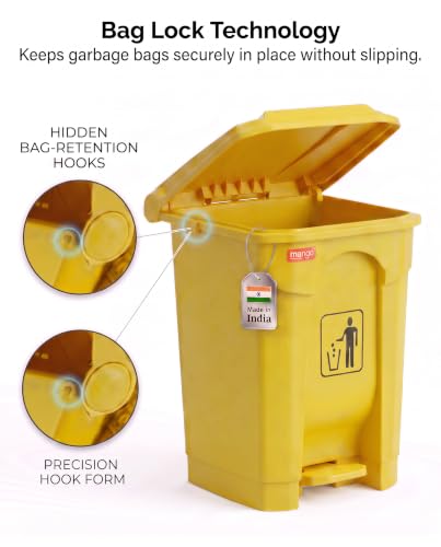 Image of pedal dustbin with lid, heavy duty plastic garbage bin, hands-free step-on waste bin for kitchen, office, home, hotel, bathroom & outdoor use (Mango Yellow, 65 Liters)