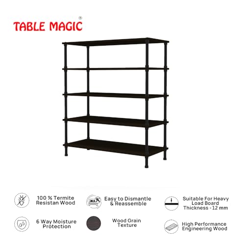 Image of TABLE MAGIC Jazz Shoe Rack Wooden Organizer | 5-Tier Multipurpose Shoes Stand for Home Wooden Shelves with & Steel Frame, Space-Saving Home Organizer, D30 x W60 x H85cm - Wenge