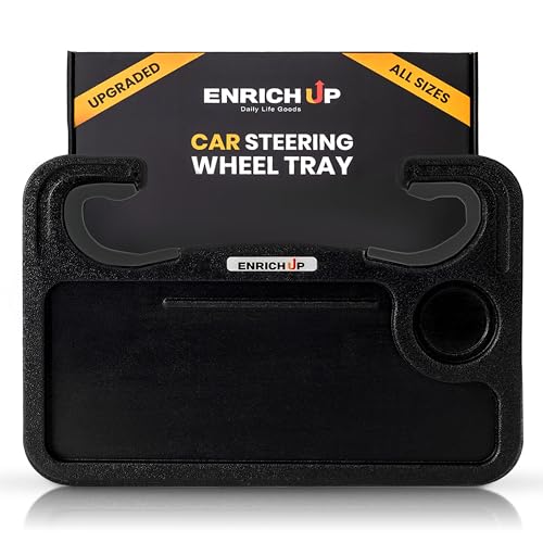 Image of ENRICH UP 2-in-1 Steering Wheel Tray Table & Car Desk, Black Limited | Car Table Tray for Parked Laptop Work, Meals, Cup Holder Use, Wheel Covers, Pickups, SUVs, and Travel Breaks
