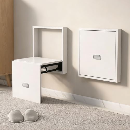 Taburete plegable de pared blanco, asiento abatible de madera para entrada 2