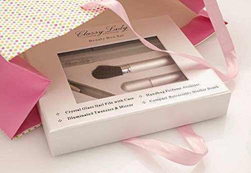 ClassyLady Beauty Gift Set - 4 Piece Box Set - Travel Accessories for Women Care Needs - Professional Crystal Glass Nail File with Case - Personal Care Tools for Travel Bag