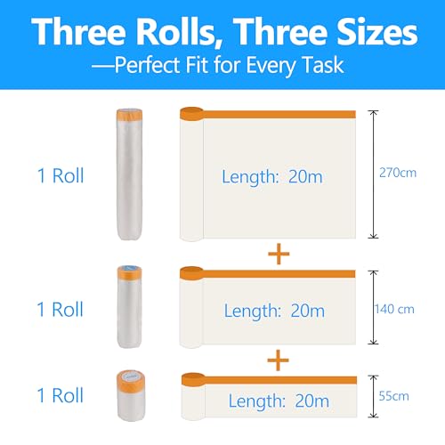 LLPT Abdeckfolie Klebeband mit Folie | 3 Packungen | Maler-Abdeckplane aus Kunststoff für Autowände Möbel Lackierungen und Spritzschutz (MFT551427OR) | Orange 3 Größen (55 cm + 140 cm + 270 cm)