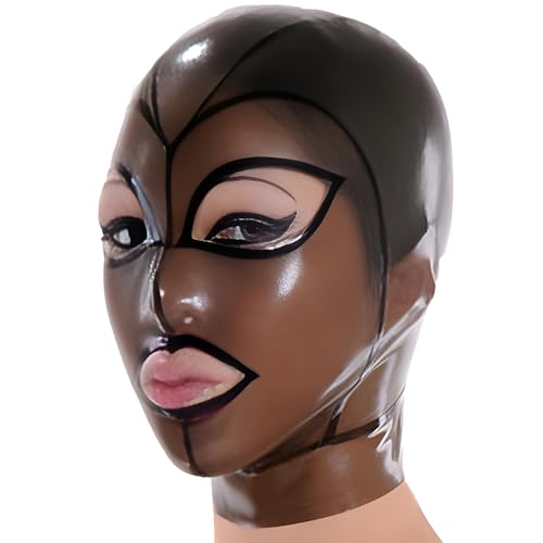 IOKUKI Capucha Látex Unisex,Máscara de Goma Negra Transparente con Cremallera Trasero y Patrón Facial Lineal-M
