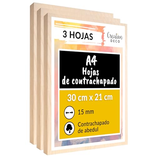 Creative Deco 3 x A4 Tablero Madera Manualidades Contrachapado | 300 x 210 x 15 mm (+/- 2mm) | Chapa Maciza Abedul Maderas para Bricolaje | Pirograbado, Corte por Laser, CNC Router, Modelado
