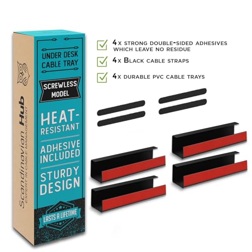 Image of No-Screw Under Desk Cable Management Tray - Self-Adhesive Installation, Cord Management, Cable Tray, Under Desk Wire Organizer - Black Set of 4