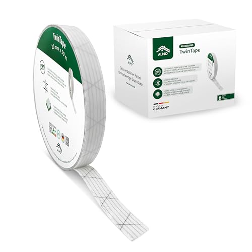 ALMO Lot de 6 rubans adhésifs de montage double face de 20 mm x 50 m pour freins à vapeur et pare-vapeur, forte adhérence avec film indéchirable, remplace les agrafeuses, montage hermétique facile et