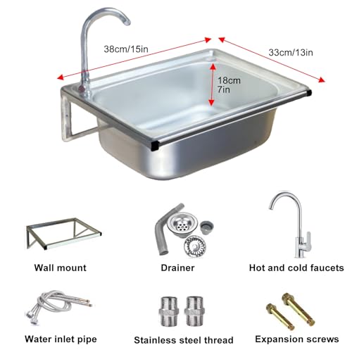 Fregadero de pared con grifo de cuello de cisne y kit de drenaje, lavabo de acero inoxidable para garaje, lavandería, lavado de manos