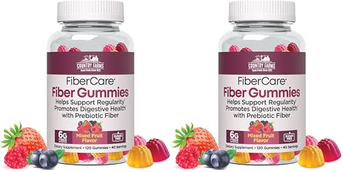 Country Farms Fiber Care Prebiotic Gummies,6g of Fiber Per Serving,GLP-1 Booster,FOS from Beets,Digestive Health and Bloat,Supports Regularity,Mixed Fruit Flavor,120 Gummies,40 Servings,(Pack of 2)