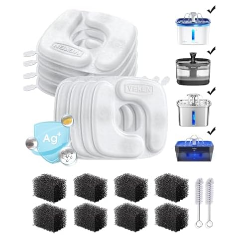 Veken Cat Water Fountain Filters, 8 Pack Replacement Filters & 8 Pack Replacement Pre-Filter Sponges Set for 50oz, 84oz, 95oz or 108oz Automatic Pet Fountain Dog Water Dispenser Cover