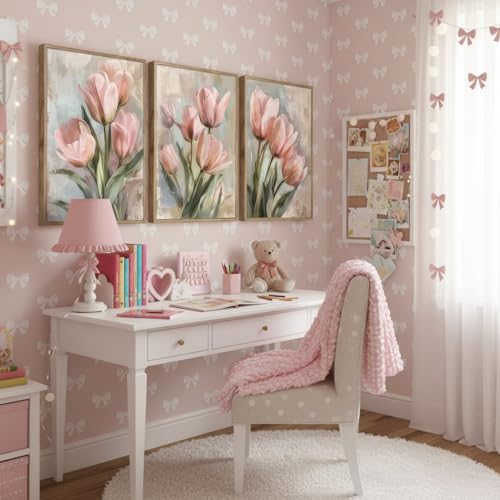 Image of 3 Pcs Vintage Pink Tulips Flowers Canvas Wall Art Retro Spring Pink and Green Floral Botanical Paintings Pictures Wall Decor Poster Print Artwork for Living Room Bedroom Home Decoration Unframed