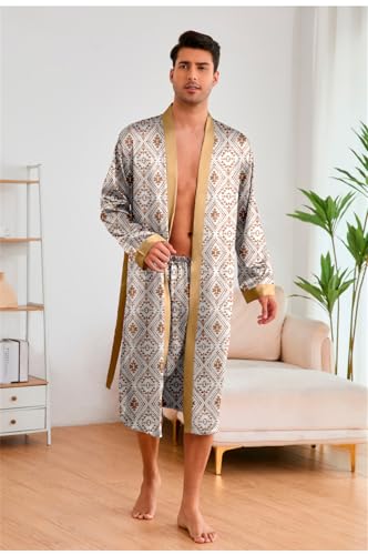 Men Sleepwear Paisley Long Sleeve Kimono Robe With Shorts Satin Nightgown Pajama Sets2