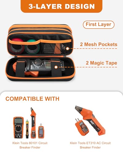 Image of Hard Tool Carrying Case Compatible with Klein Tools 80101 /ET310 AC Circuit Breaker Finder, Fluke Digital Multimeter /325 Clamp Multimeter, Electric Tester Bag with Zipper, Black (Empty Bag)