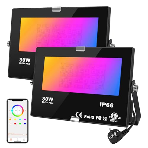 DUSKTEC LED Strahler RGB Warmweiß Außen Dimmbar, 2er Flutlicht LED Scheinwerfer Bunt 30W mit Stecker, Flutlichtstrahler Bluetooth APP Steuerung IP66 Wasserdicht, Fluter Beleuchtung Innen Outdoor Baum