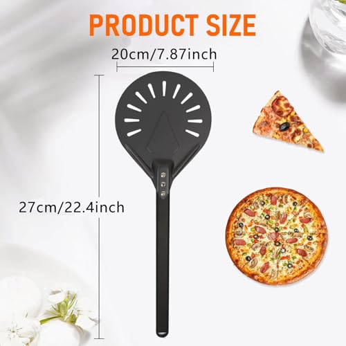 Taicols Pizzaschieber, Pizzaschaufel Perforiert, Aluminium Pizza-Drehschäler mit 40 cm Abnehmbarem langem Griff, Turning Peel Pizza, 8 Zoll Runder Kopf Pizza Schaufel für den Grill & Backofen