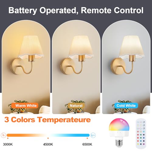 Image of ADISUN Battery Operated Wall Sconce Set of 2, Gold Wall Lamps Rechargeable Bulbs for Living Room, Cream Rattan Shade, Wireless Wall Lights for Bedroom Living Room Hallway Kitchen(2 Bulbs Included)