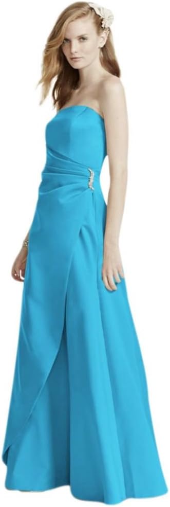 David's Bridal Women's Satin Gown with Side Drape & Brooch Size 14 color Malibu