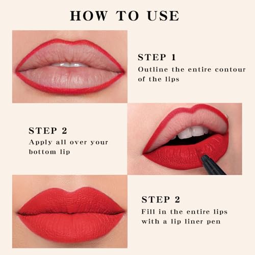 Image of evpct Longwear Liquid Lip Liner Stain Marker Pen Long Lasting Waterproof, Ruby Red Matte Semi Permanent 24 Hour Lip Liner and Lipstick Combo, Korean Color Stay Lipliner All Day, Lips Stain peel off