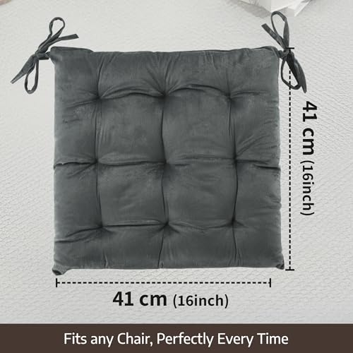 Image of Kuber Industries 6 Pcs Heavy Velvet 16 Inch Chair Pad Cushion with Drawstrings for Dining, Office & Home | Soft Seat Pad | Support for Long Sitting | Grey